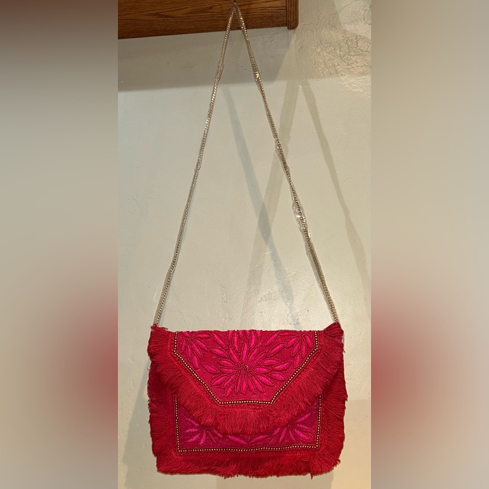 NATASHA Fuscia Embroidered Envelope Shoulder Bag With Floral Beaded Accents - Picture 7 of 10